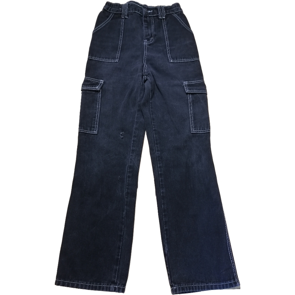 🐝 26"W, black washed denim high waist overalls with white topstitchin